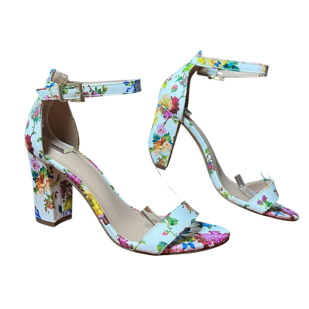 Madden Girl Heeled Sandals Women's Sz 7.5 White Floral Brigid Ankle Strap Spring - Picture 2 of 13